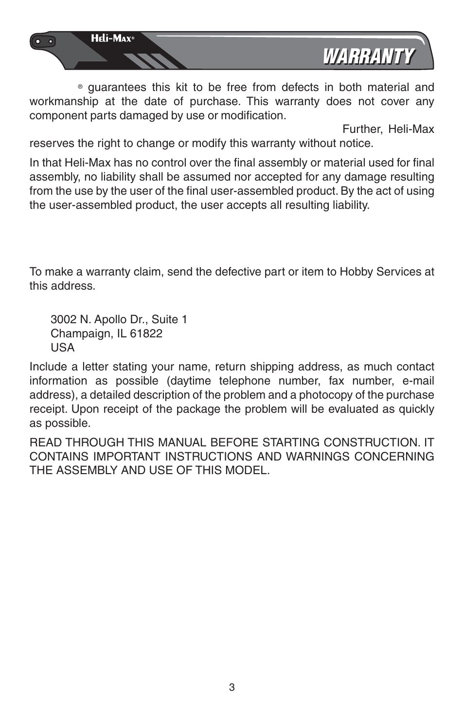 Warranty | Heli-Max HMXE0810 User Manual | Page 3 / 36