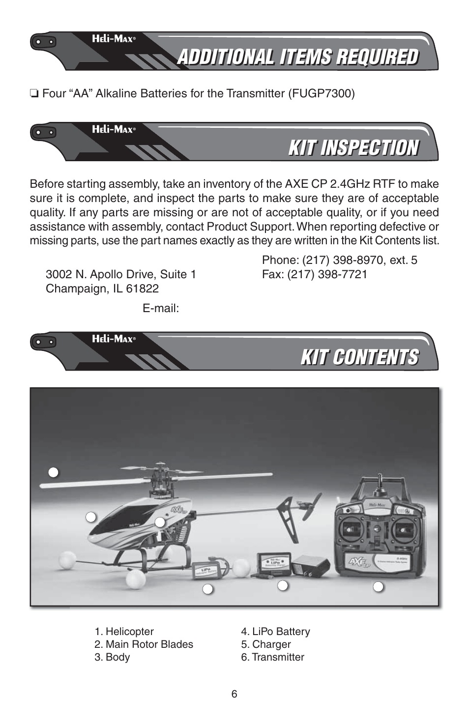 Additional items required, Kit inspection, Kit contents | Heli-Max HMXE0810 User Manual | Page 6 / 36