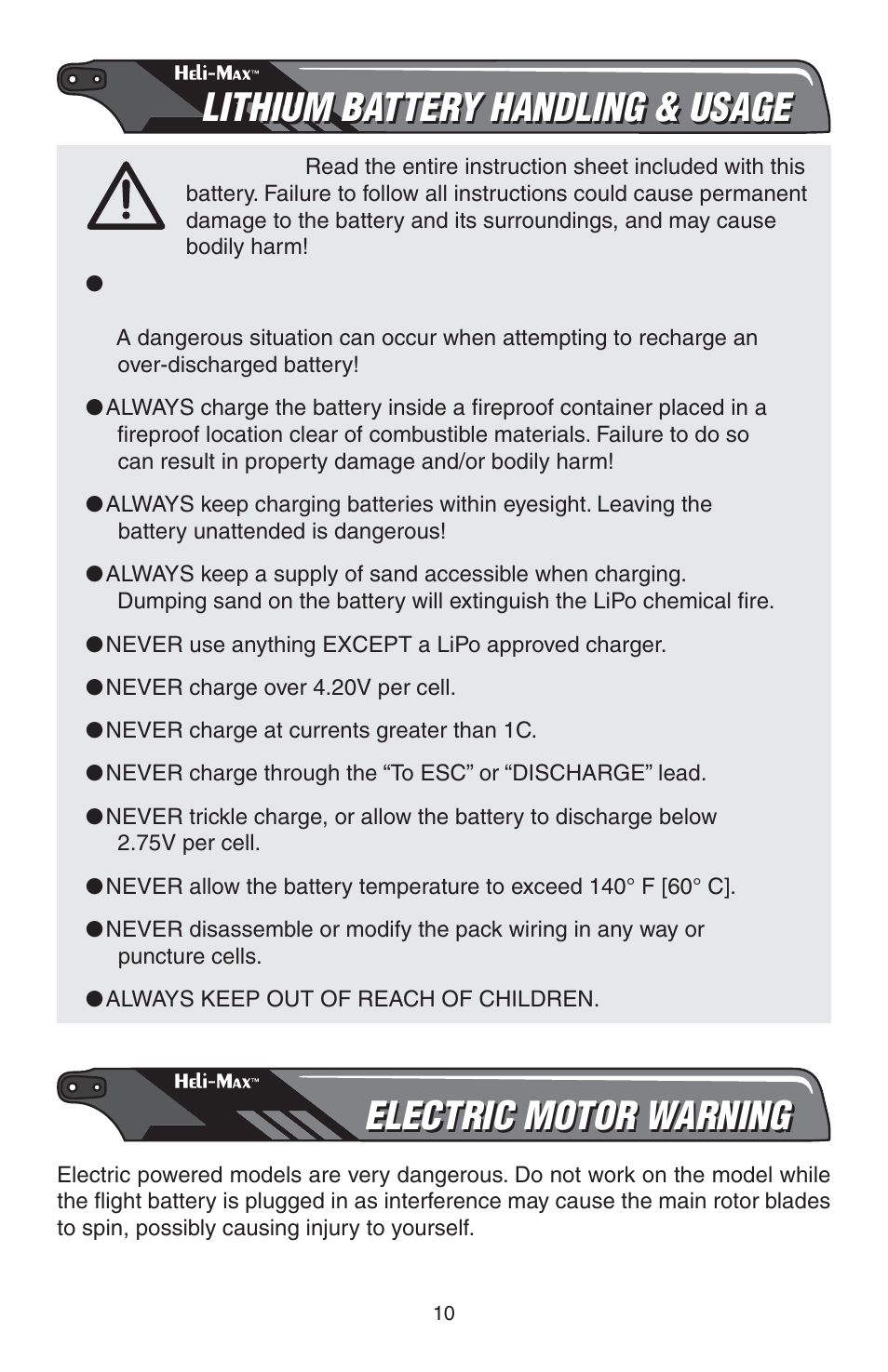 Lithium battery handling & usage, Electric motor warning | Heli-Max HMXE13 Manual User Manual | Page 10 / 28