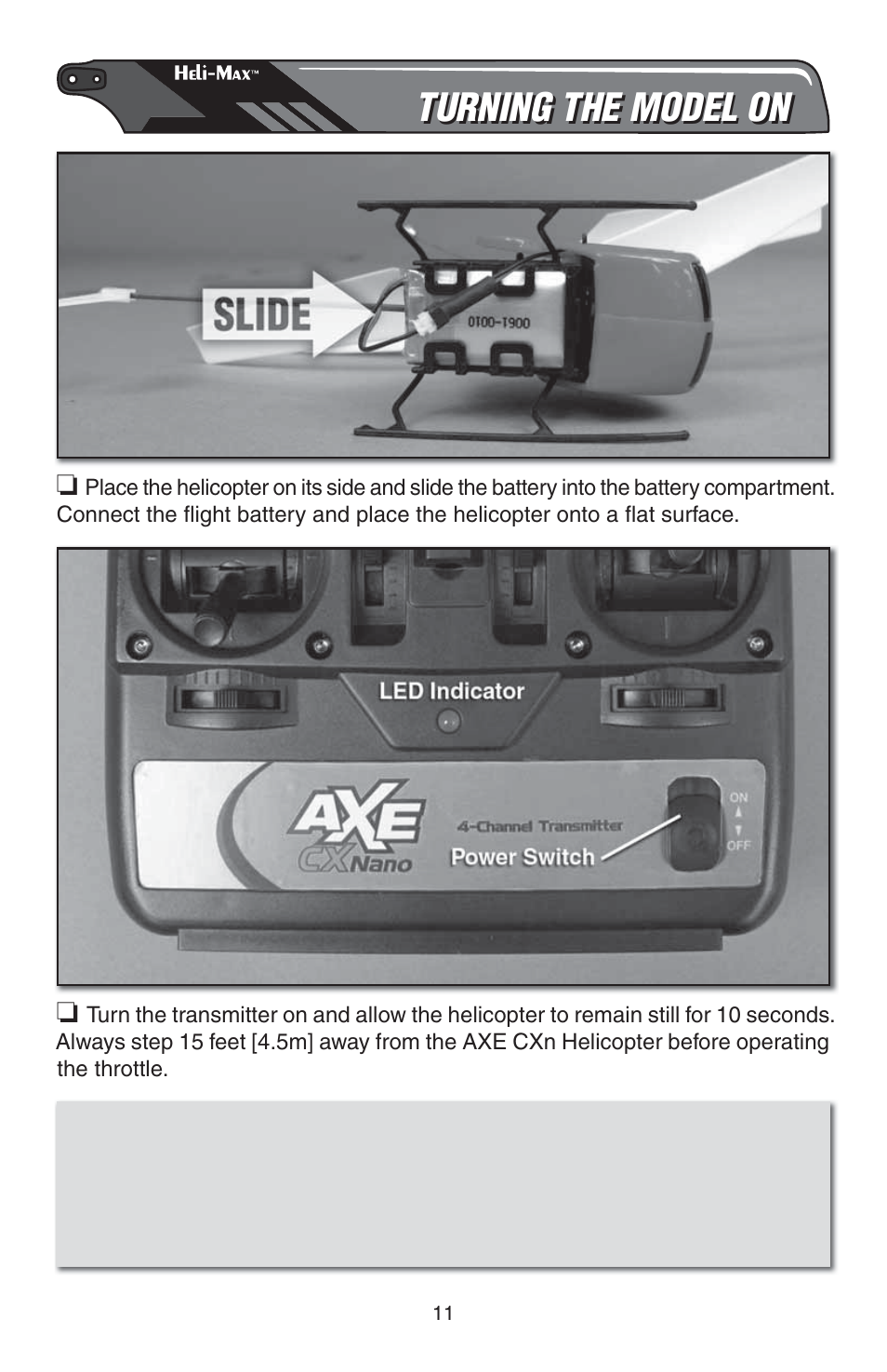 Turning the model on | Heli-Max HMXE13 Manual User Manual | Page 11 / 28