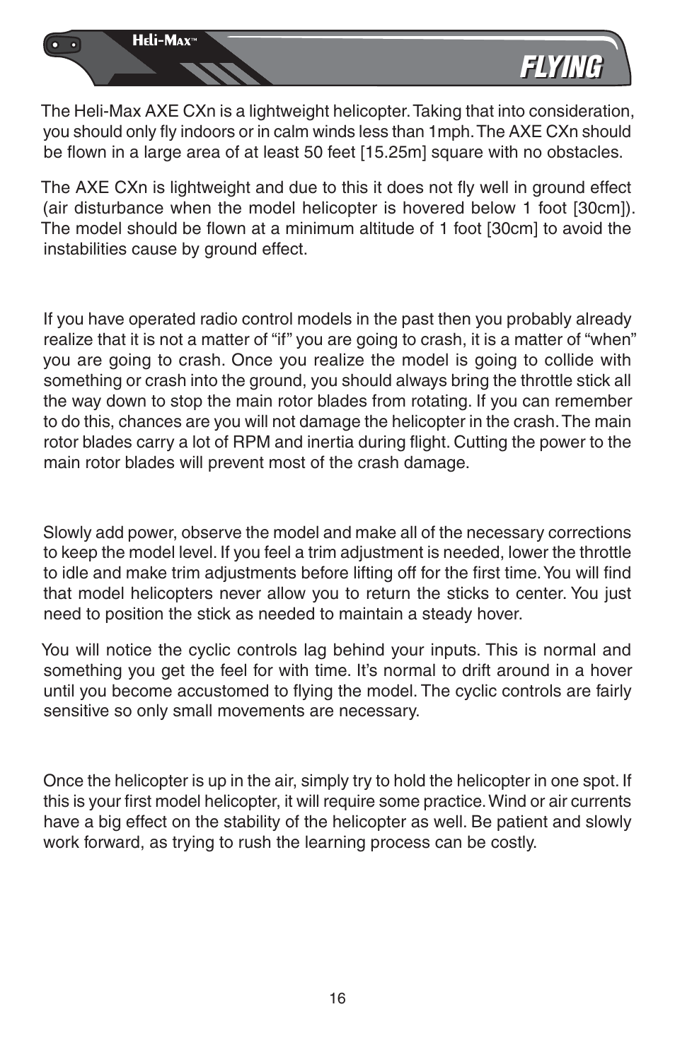 Flying, Crashing, Takeoff | Hovering | Heli-Max HMXE13 Manual User Manual | Page 16 / 28