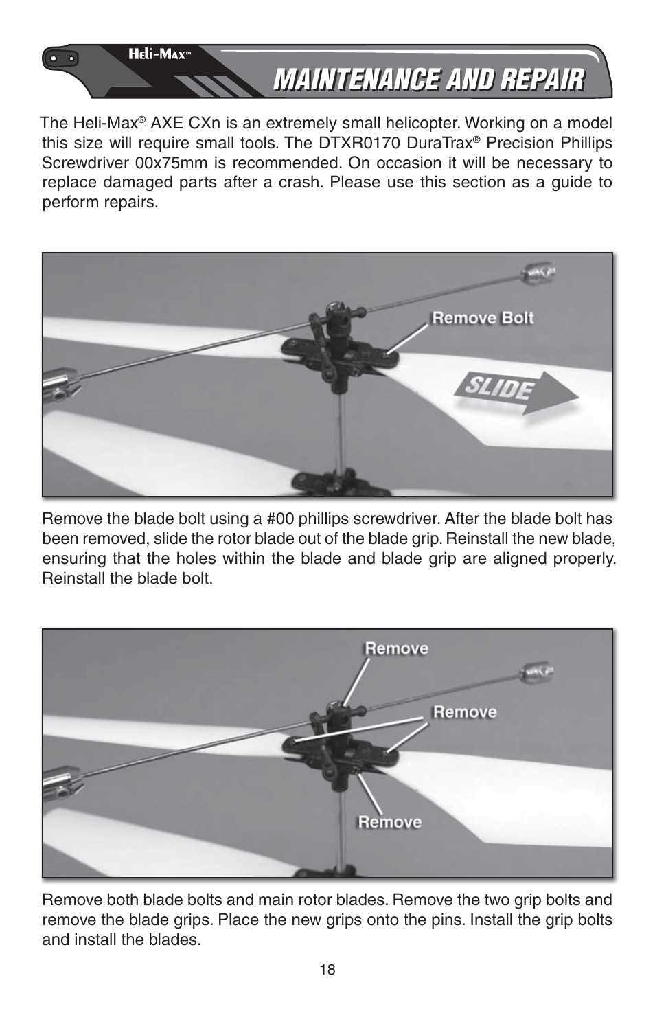 Maintenance and repair, Main rotor blade replacement, Main rotor grip replacement | Heli-Max HMXE13 Manual User Manual | Page 18 / 28