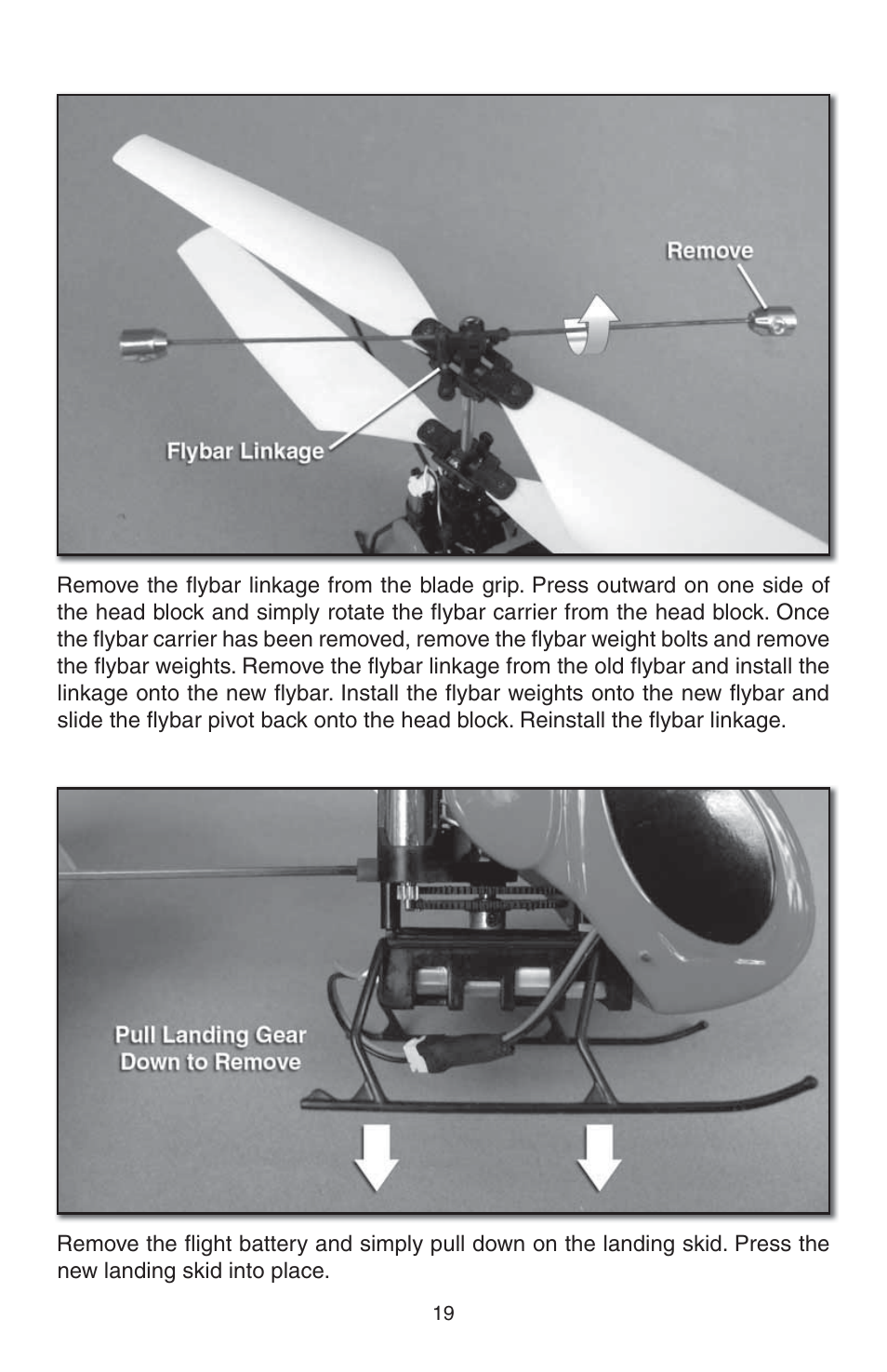 Replacing the flybar, Replacing the landing gear | Heli-Max HMXE13 Manual User Manual | Page 19 / 28