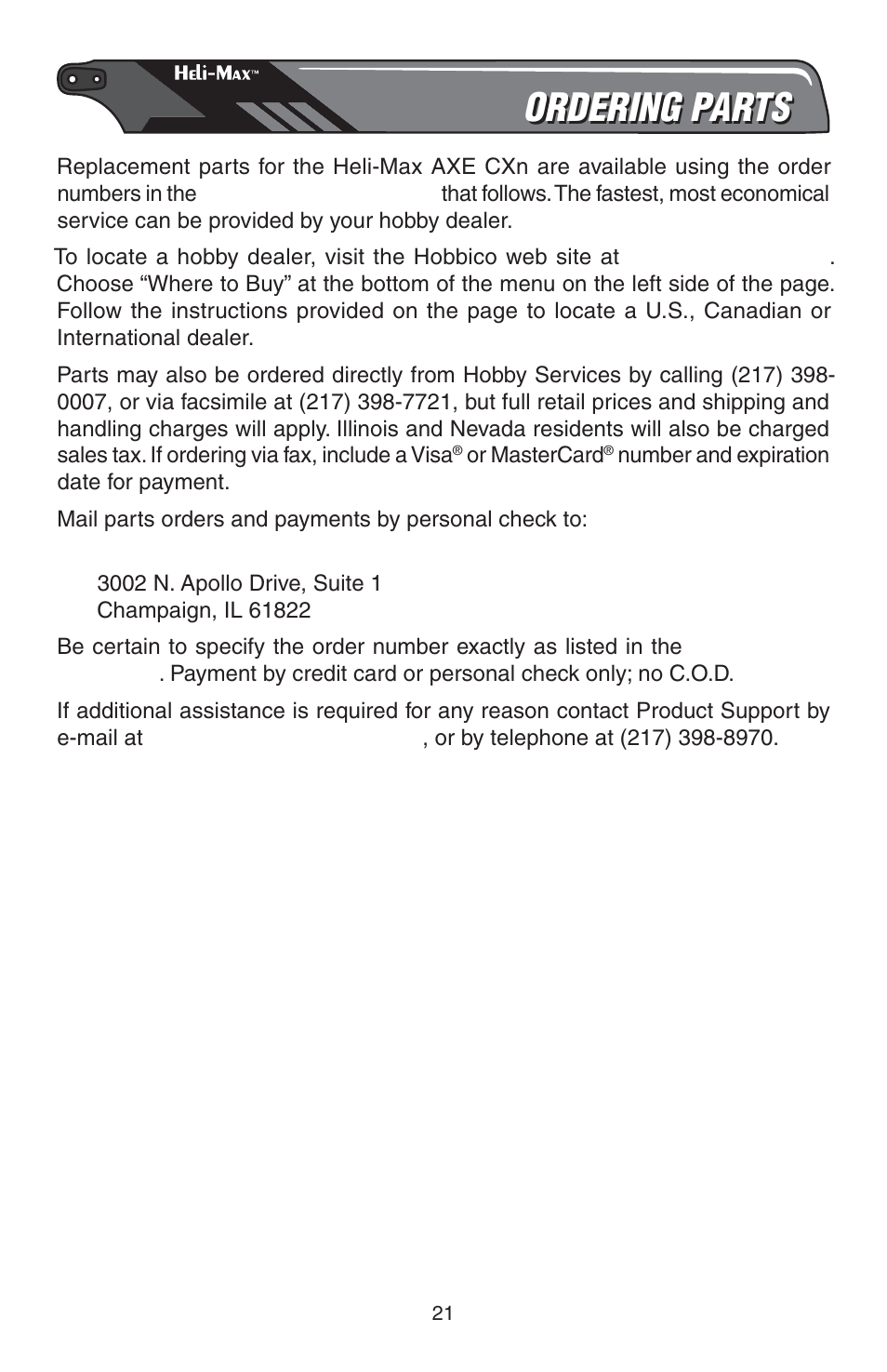 Ordering parts | Heli-Max HMXE13 Manual User Manual | Page 21 / 28
