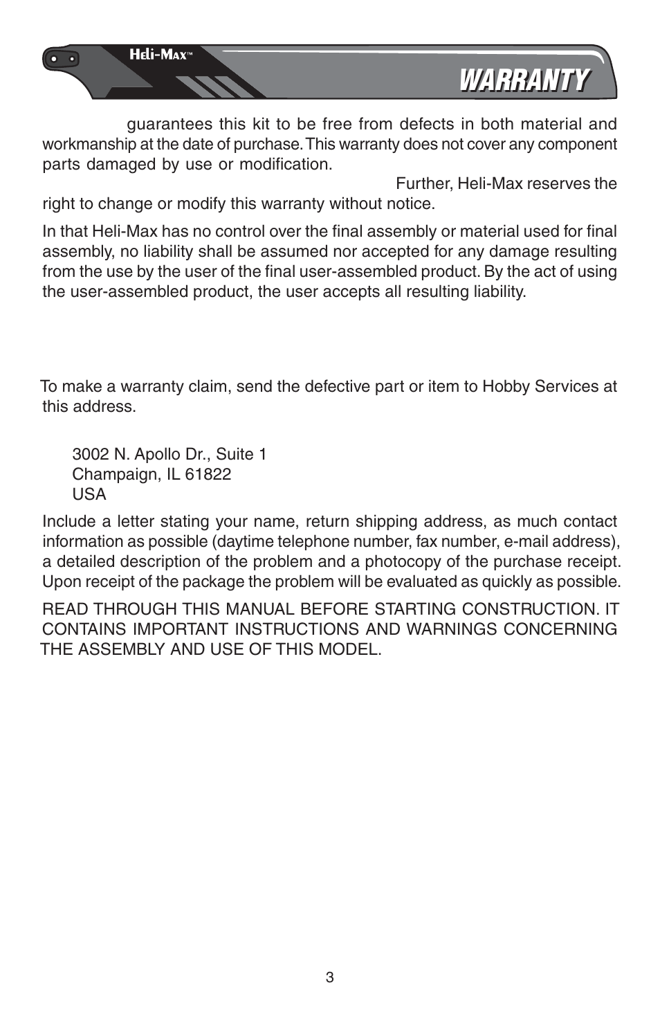 Warranty | Heli-Max HMXE13 Manual User Manual | Page 3 / 28