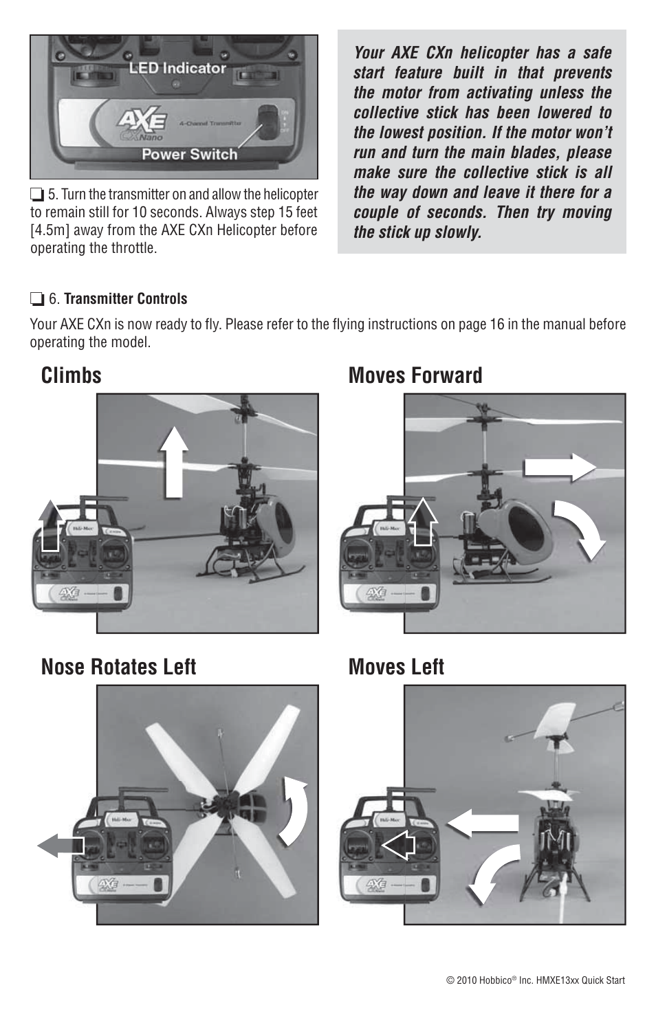 Climbs moves forward nose rotates left moves left | Heli-Max HMXE13 Quick Start User Manual | Page 2 / 2