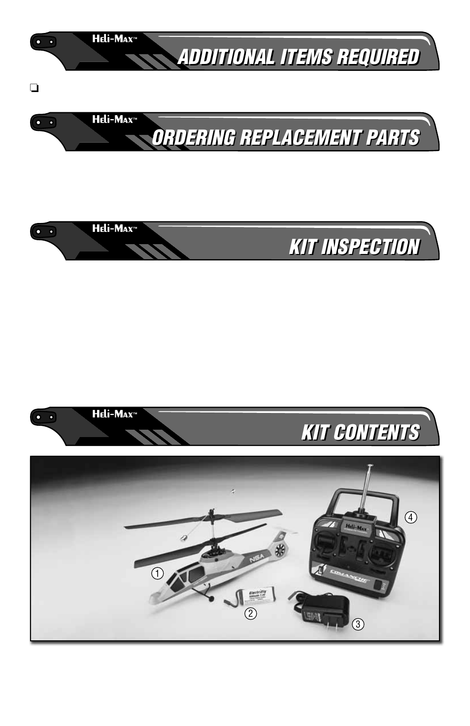 Additional items required, Ordering replacement parts, Kit inspection | Kit contents | Heli-Max HMXE14 Manual User Manual | Page 6 / 20