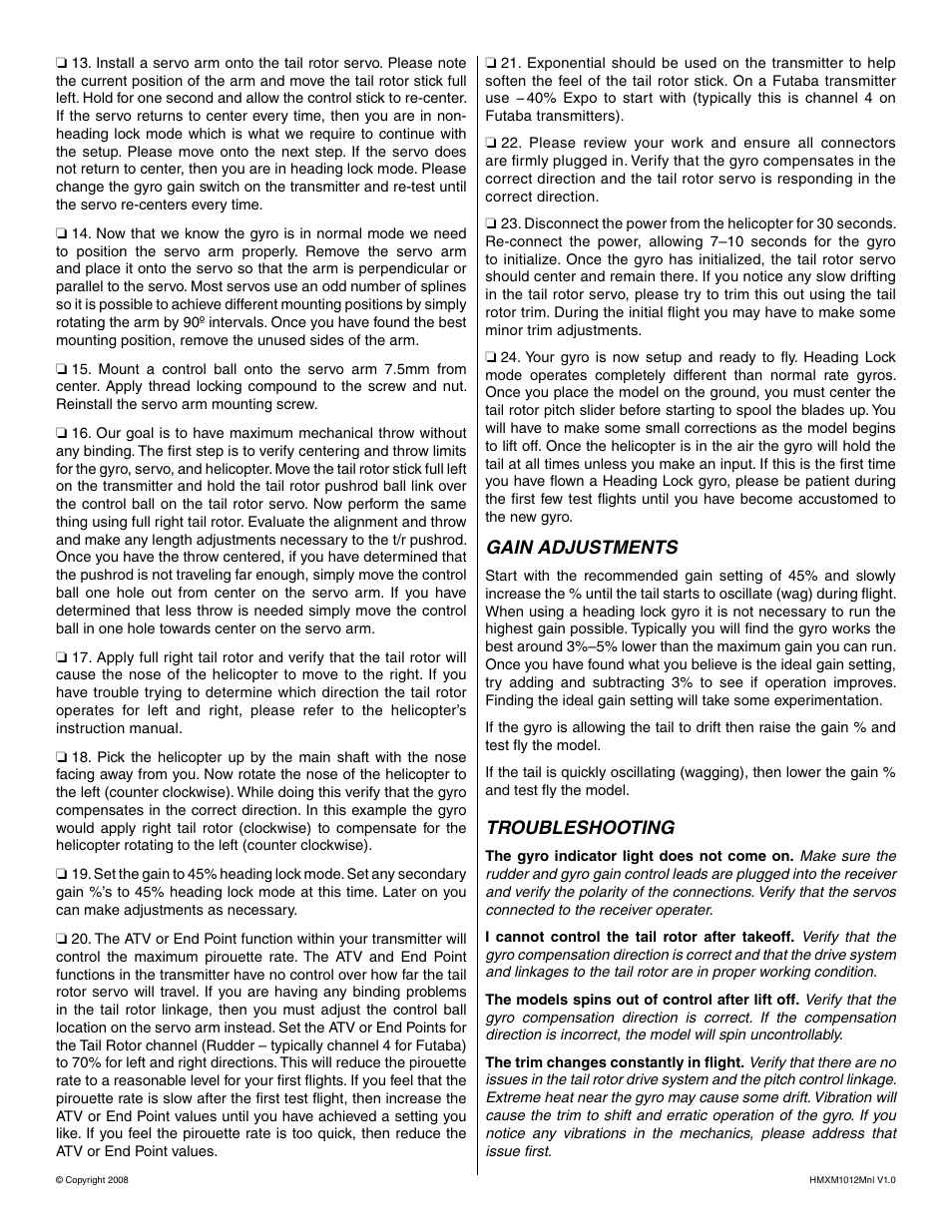 Gain adjustments, Troubleshooting | Heli-Max HMXM1012 User Manual | Page 2 / 2