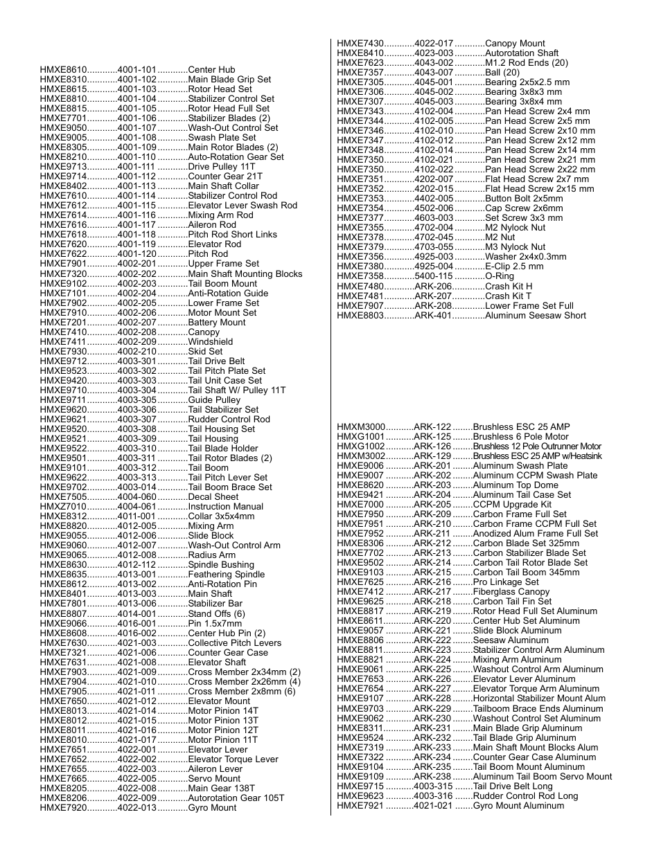 Parts list, Option parts | Heli-Max HMXE0200 User Manual | Page 11 / 20