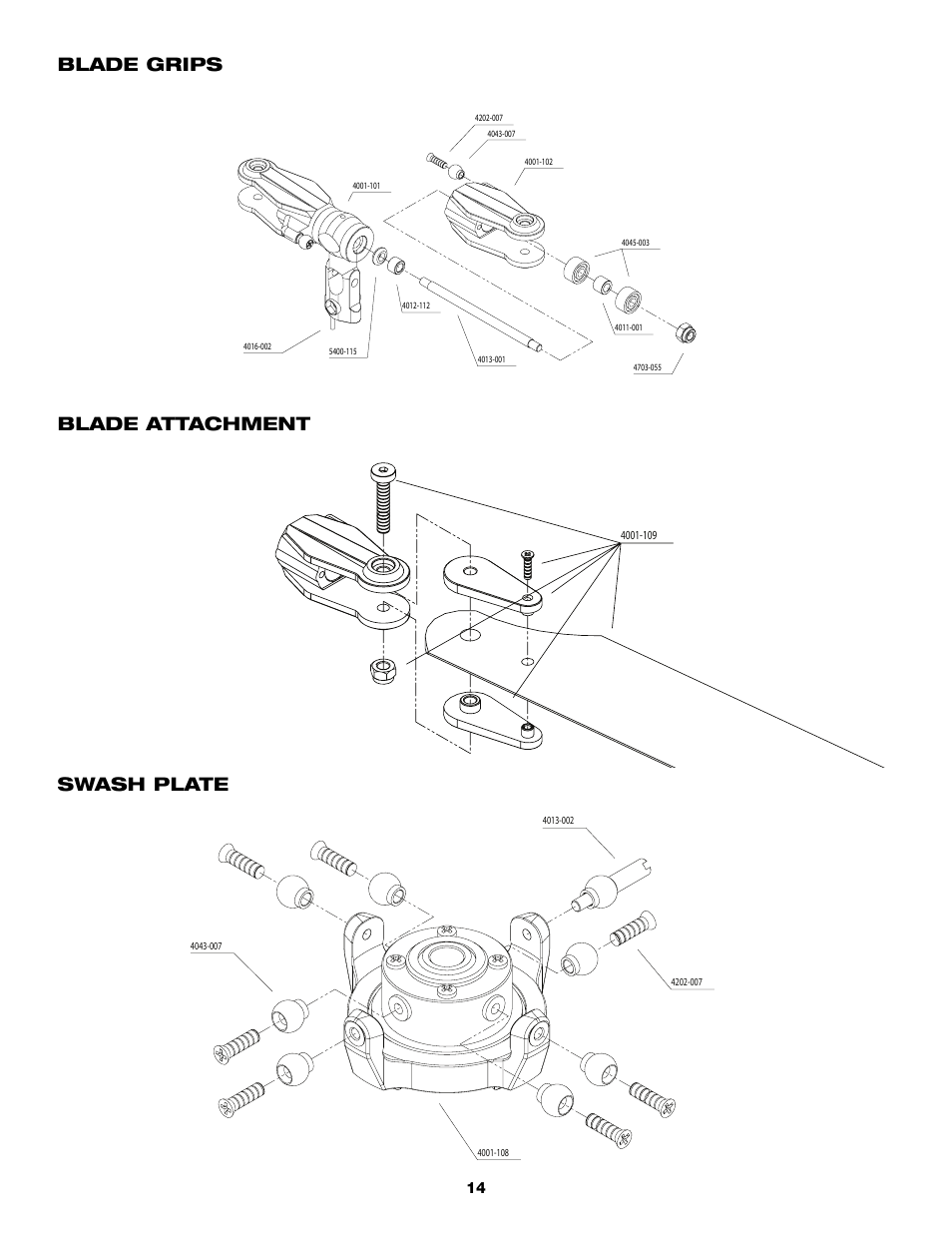 Blade grips blade attachment, Swash plate | Heli-Max HMXE0200 User Manual | Page 14 / 20
