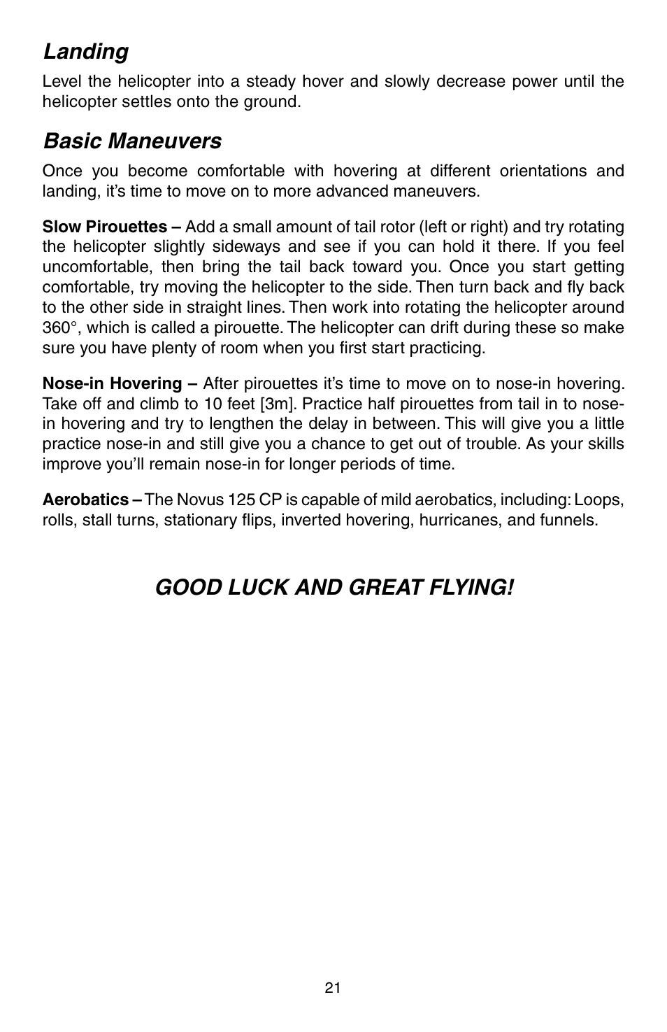 Landing, Basic maneuvers, Good luck and great flying | Heli-Max HMXE0806 User Manual | Page 21 / 40