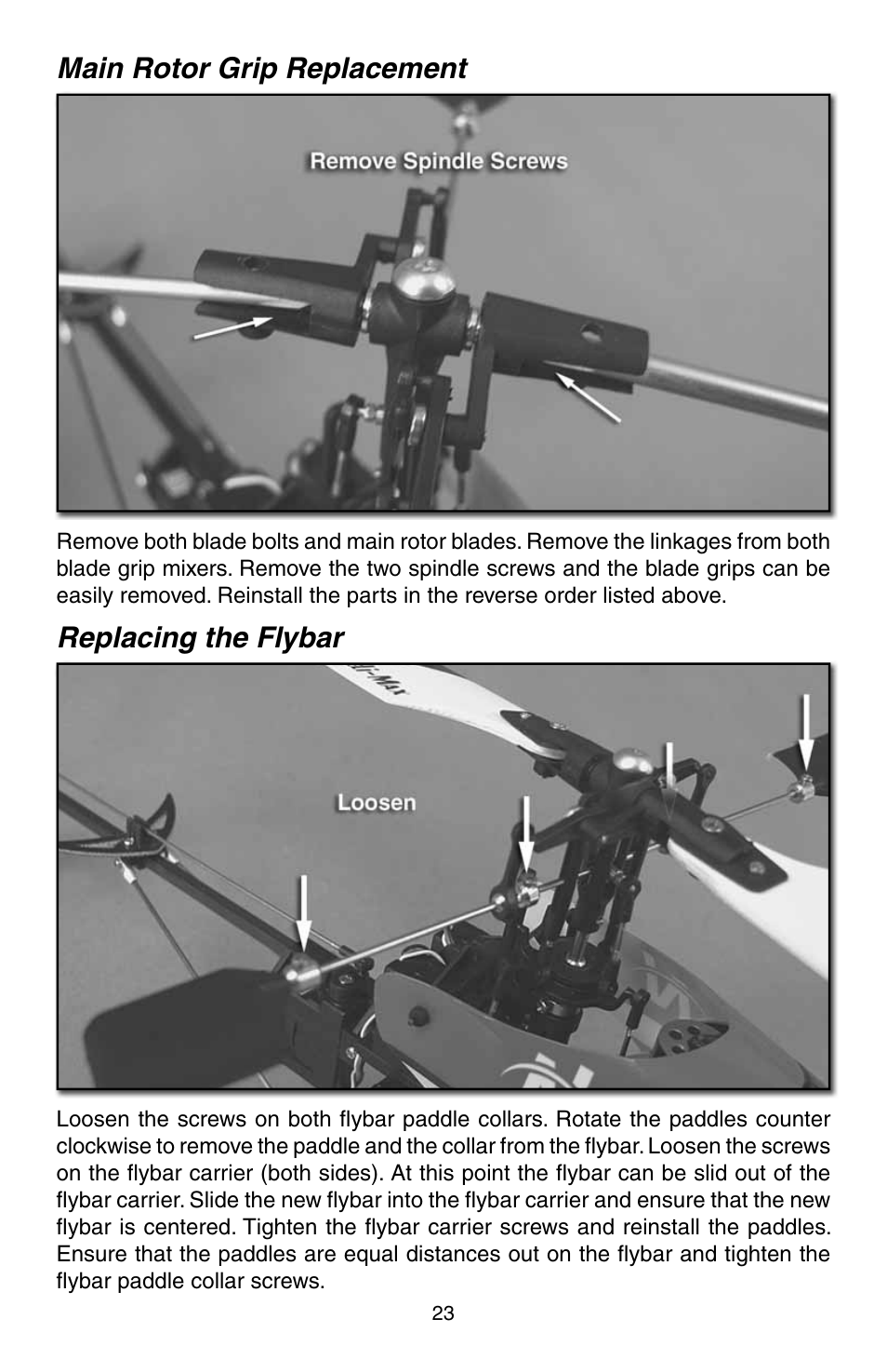 Main rotor grip replacement, Replacing the flybar | Heli-Max HMXE0806 User Manual | Page 23 / 40
