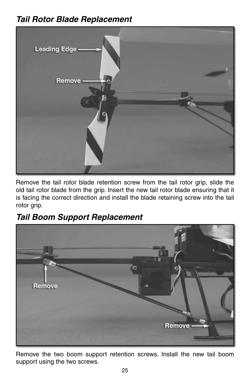 Tail rotor blade replacement, Tail boom support replacement | Heli-Max HMXE0806 User Manual | Page 25 / 40