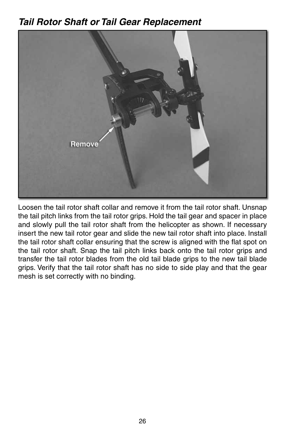 Tail rotor shaft or tail gear replacement | Heli-Max HMXE0806 User Manual | Page 26 / 40