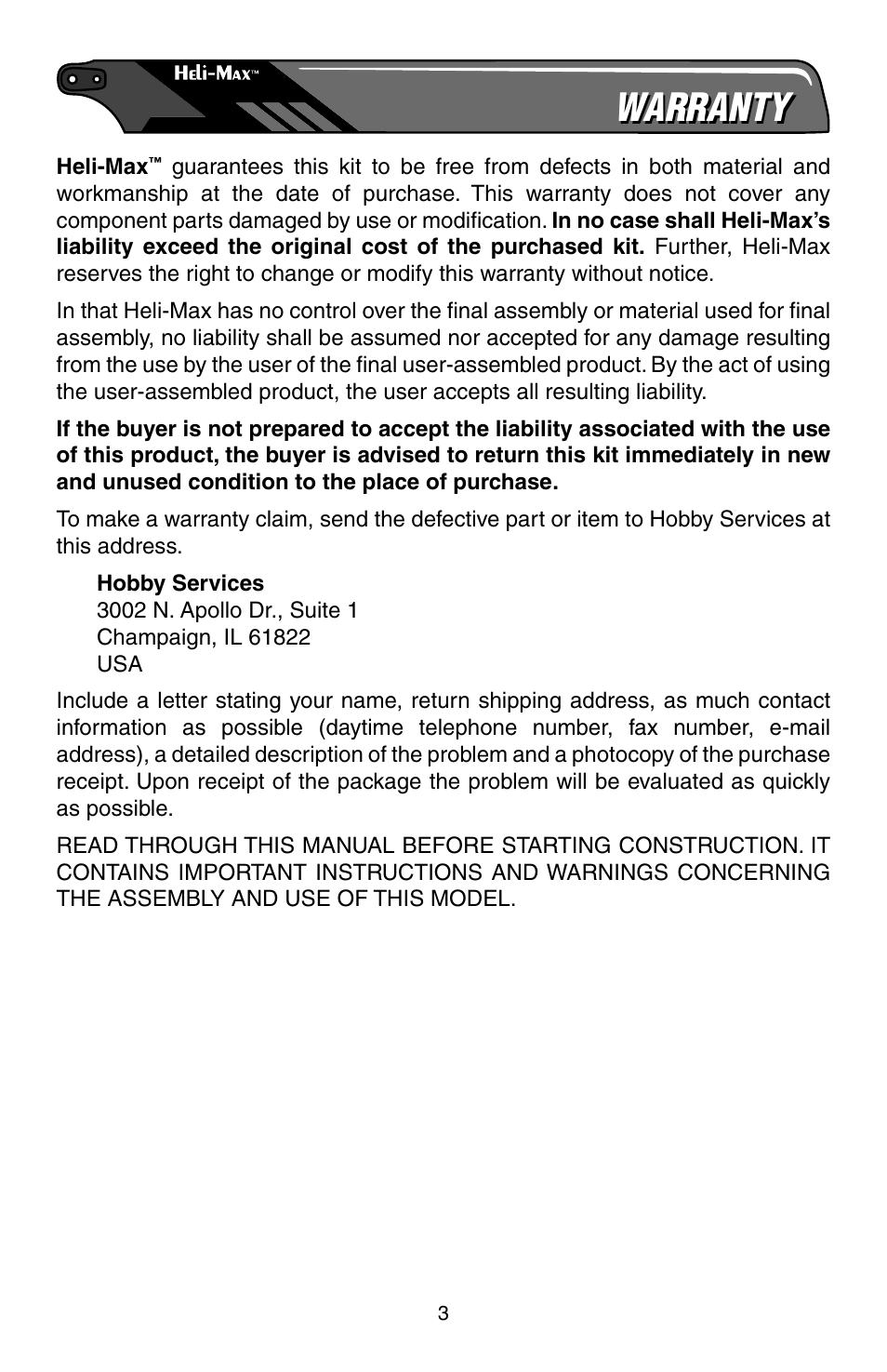 Warranty | Heli-Max HMXE0806 User Manual | Page 3 / 40