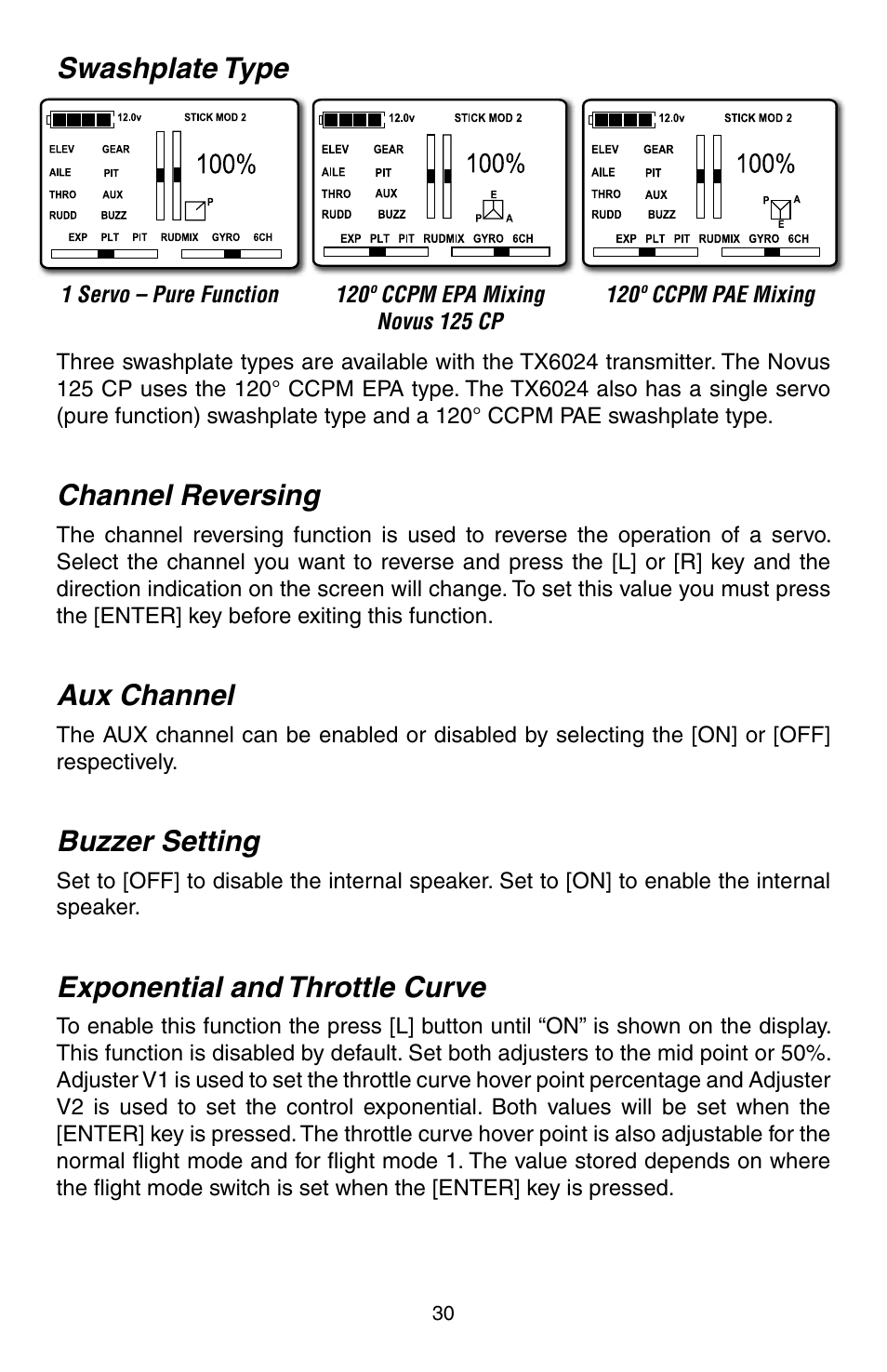 Swashplate type, Channel reversing, Aux channel | Buzzer setting, Exponential and throttle curve | Heli-Max HMXE0806 User Manual | Page 30 / 40