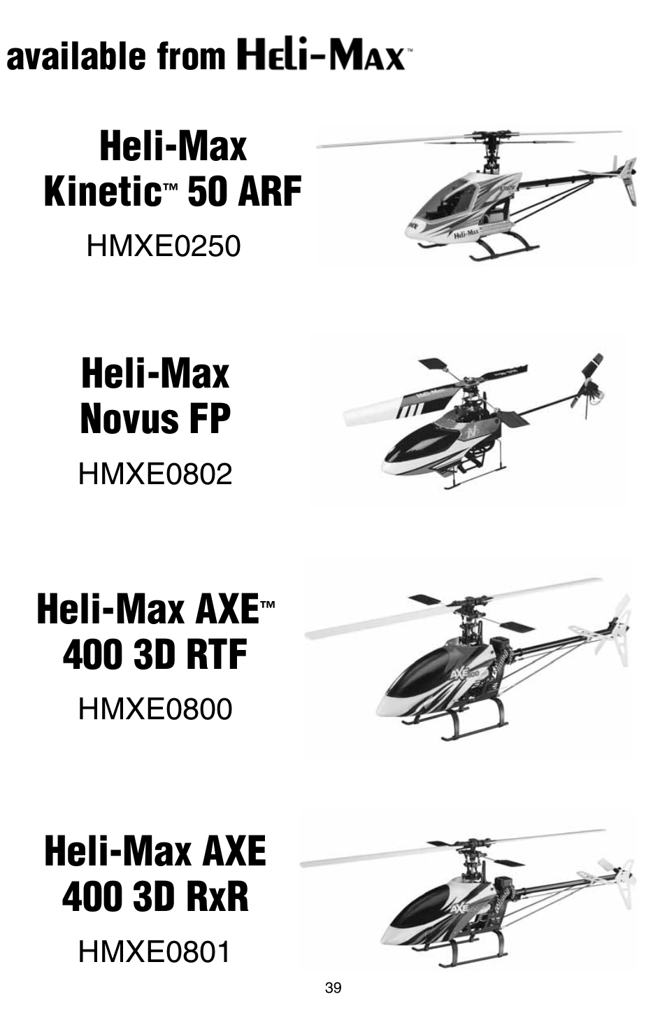 Heli-max novus fp, Heli-max kinetic, 50 arf | Heli-max axe, 400 3d rtf, Heli-max axe 400 3d rxr, Available from | Heli-Max HMXE0806 User Manual | Page 39 / 40