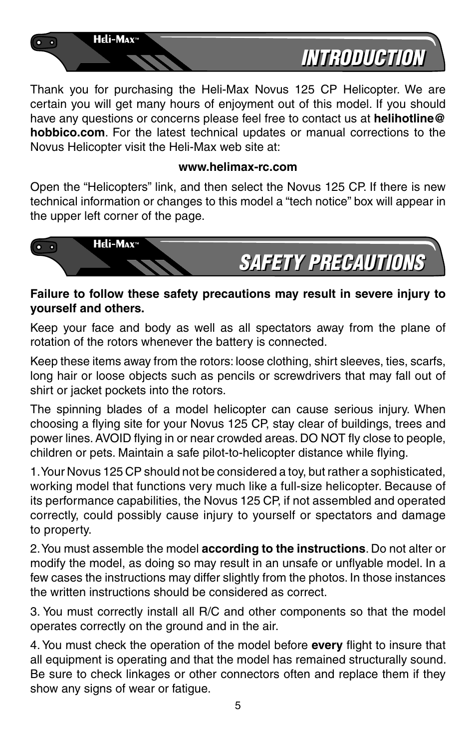 Introduction, Safety precautions | Heli-Max HMXE0806 User Manual | Page 5 / 40