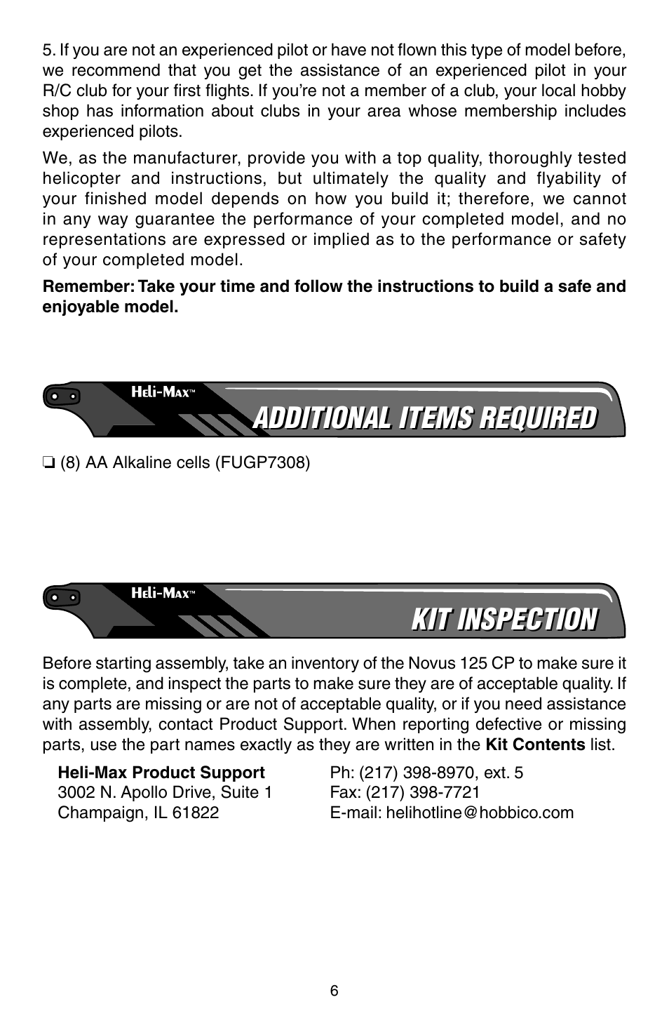 Additional items required, Kit inspection | Heli-Max HMXE0806 User Manual | Page 6 / 40