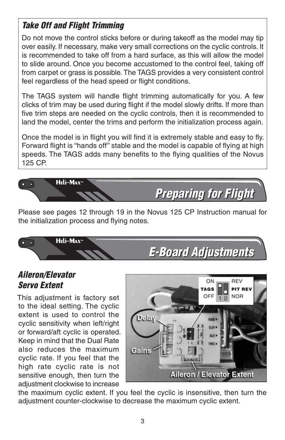 Preparing for flight, E-board adjustments | Heli-Max HMXE0806 Addendum User Manual | Page 3 / 4