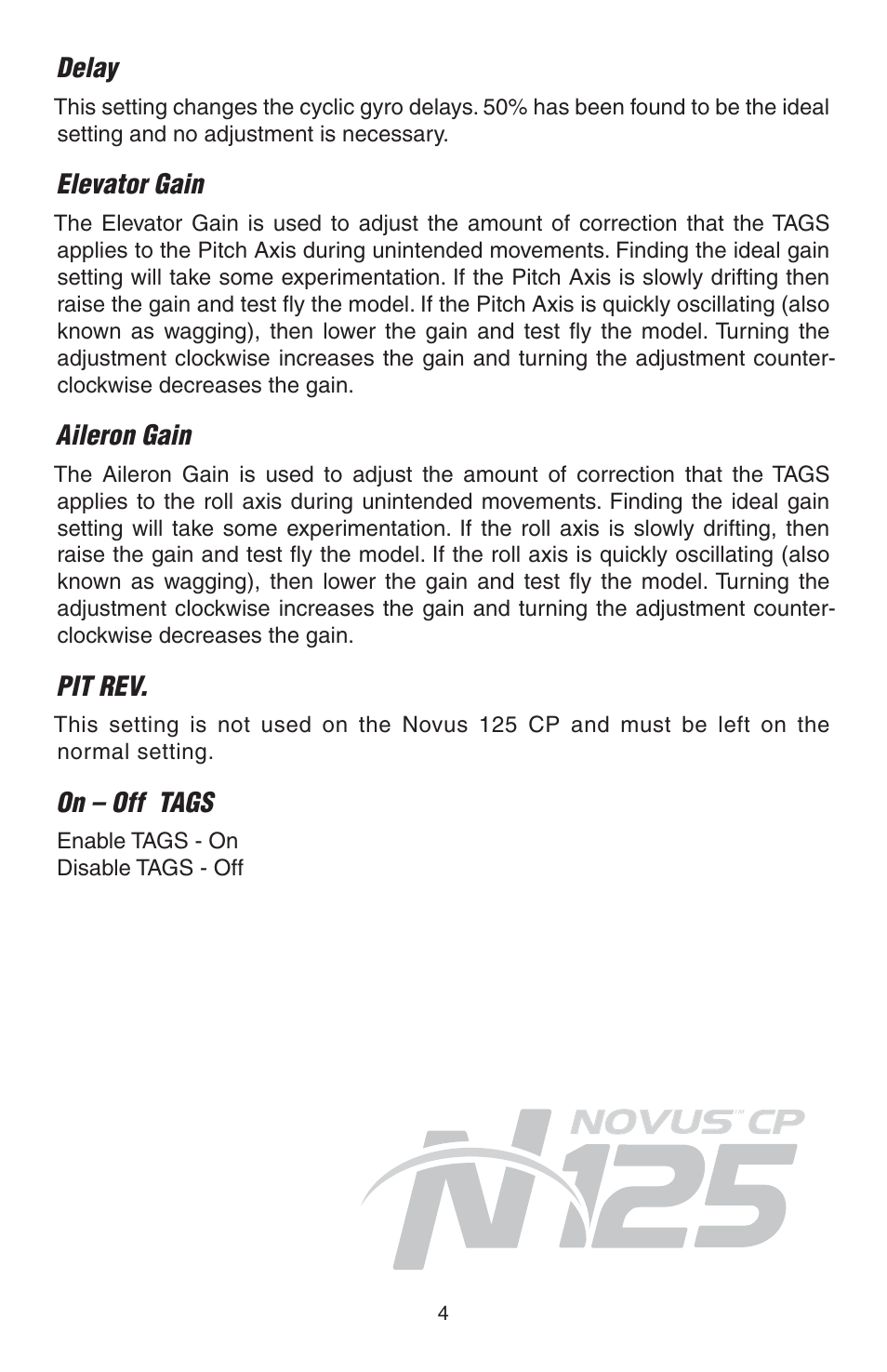 Delay, Elevator gain, Aileron gain | Pit rev, On – off tags | Heli-Max HMXE0806 Addendum User Manual | Page 4 / 4