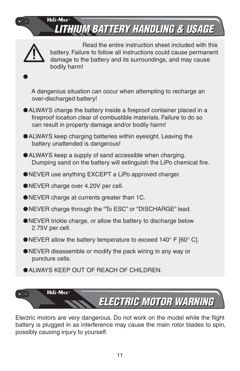 Lithium battery handling & usage, Electric motor warning | Heli-Max HMXE0807 User Manual | Page 11 / 32