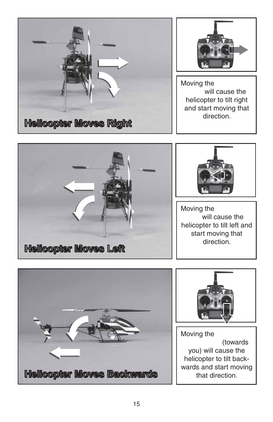 Helicopter moves right, Helicopter moves left, Helicopter moves backwards | Heli-Max HMXE0807 User Manual | Page 15 / 32