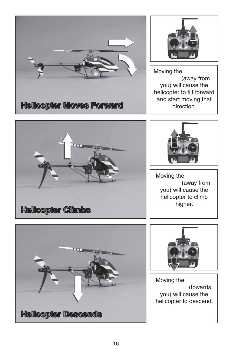 Helicopter moves forward, Helicopter climbs, Helicopter descends | Heli-Max HMXE0807 User Manual | Page 16 / 32