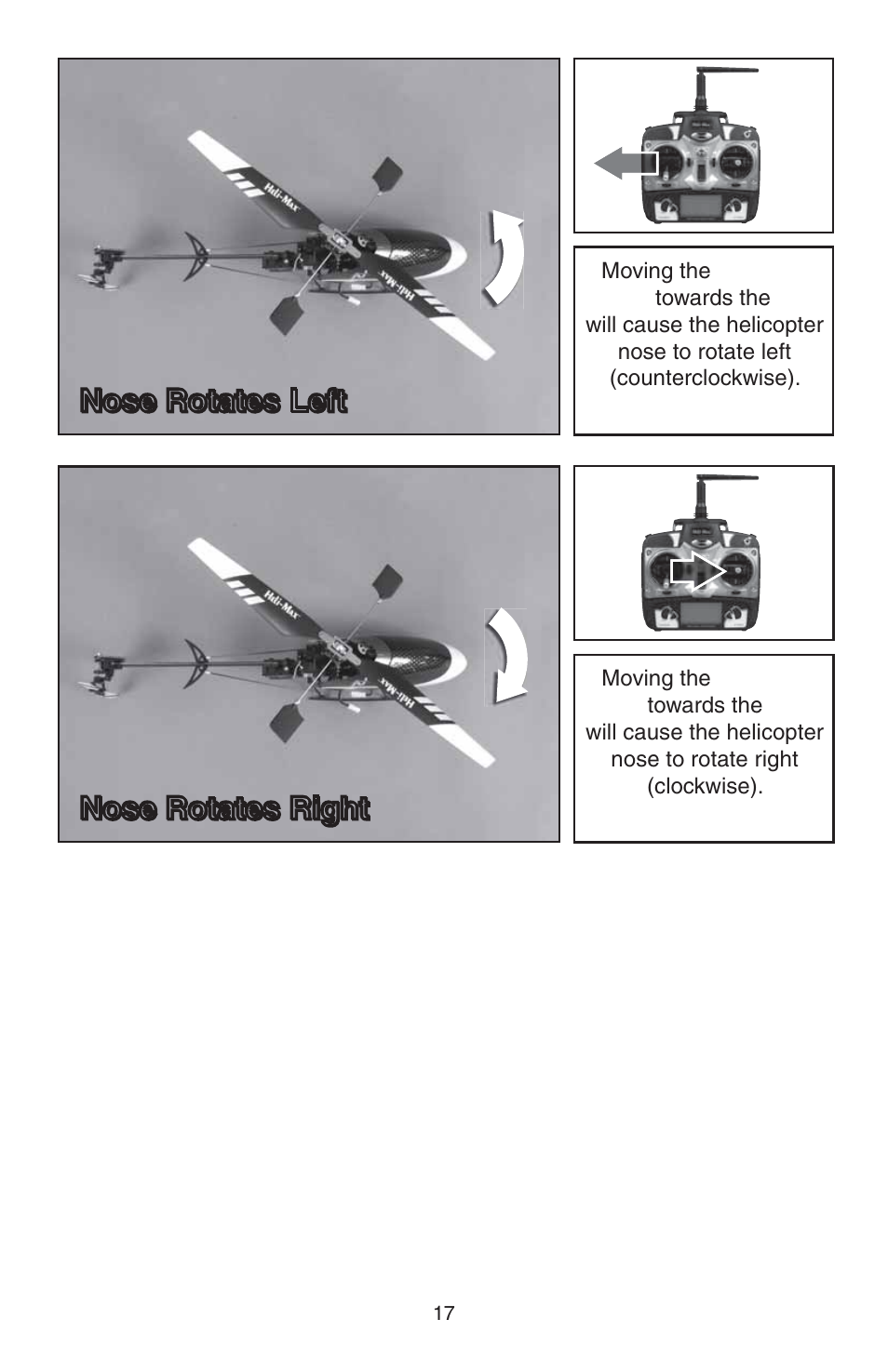 Nose rotates left, Nose rotates right | Heli-Max HMXE0807 User Manual | Page 17 / 32