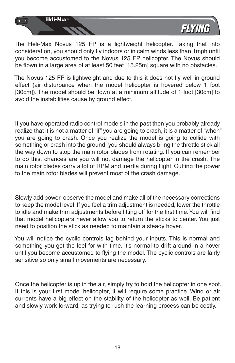 Flying, Crashing, Takeoff | Hovering | Heli-Max HMXE0807 User Manual | Page 18 / 32