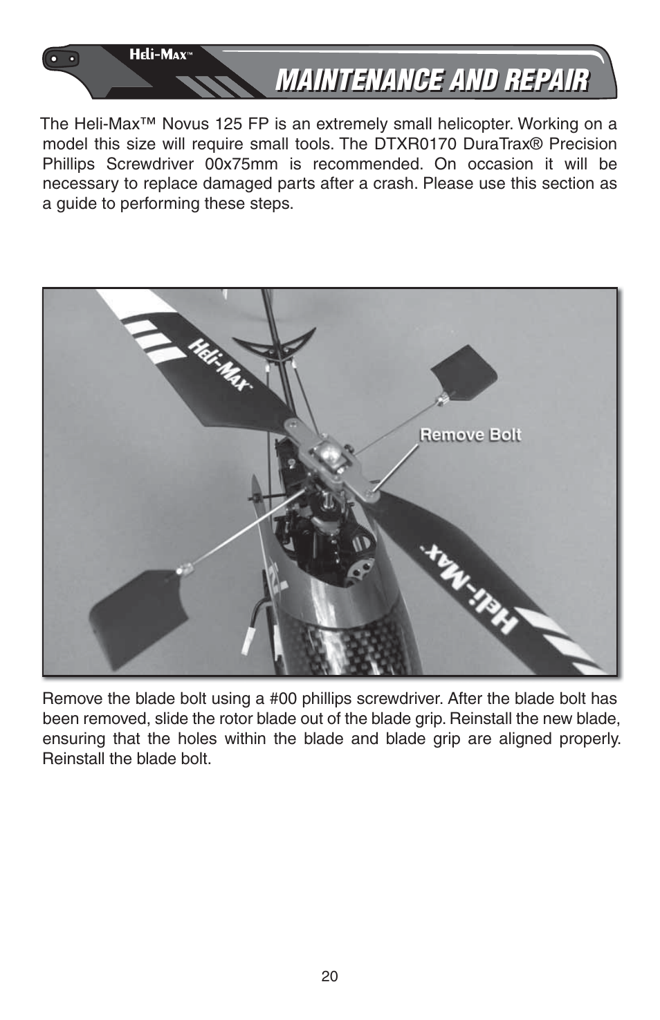 Maintenance and repair, Main rotor blade replacement | Heli-Max HMXE0807 User Manual | Page 20 / 32