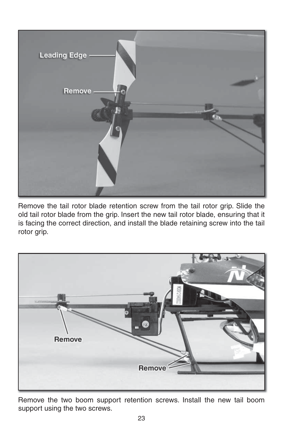 Tail rotor blade replacement, Tail boom support replacement | Heli-Max HMXE0807 User Manual | Page 23 / 32