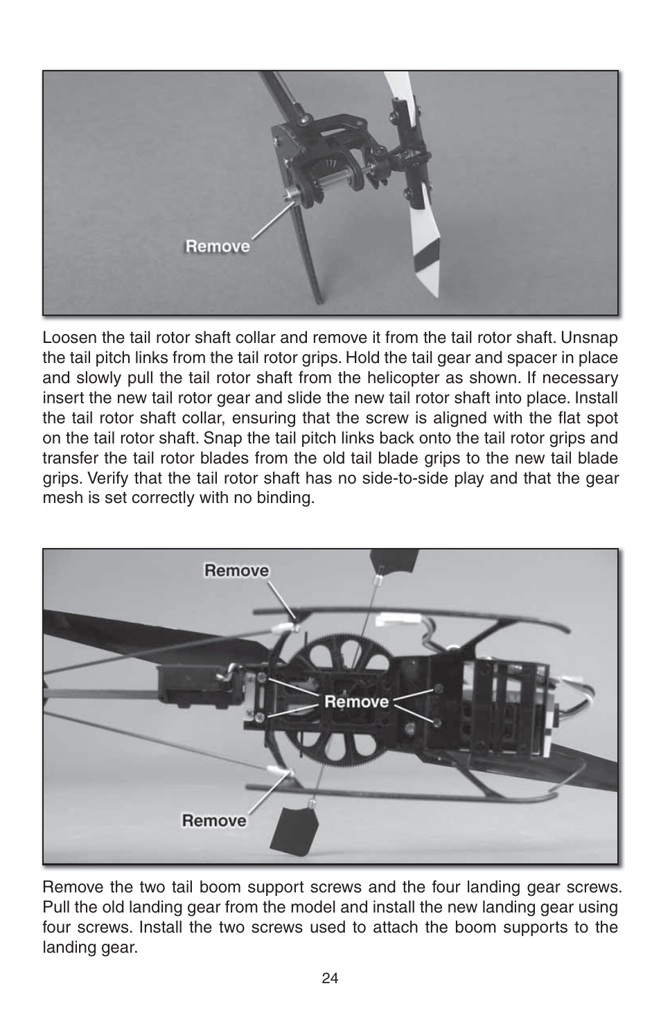 Tail rotor shaft or tail gear replacement, Landing gear replacement | Heli-Max HMXE0807 User Manual | Page 24 / 32