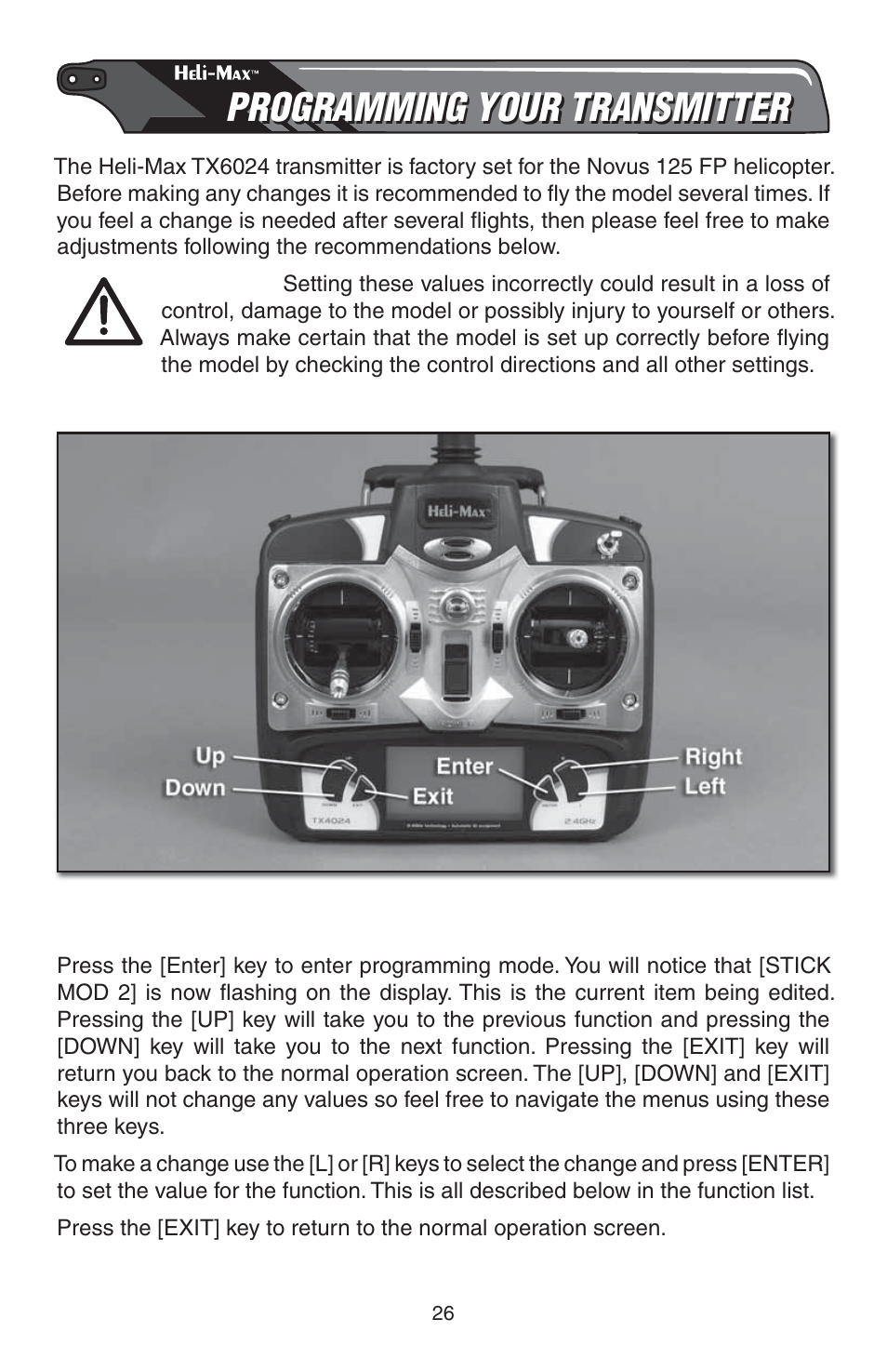 Programming your transmitter, Navigating & setting values | Heli-Max HMXE0807 User Manual | Page 26 / 32