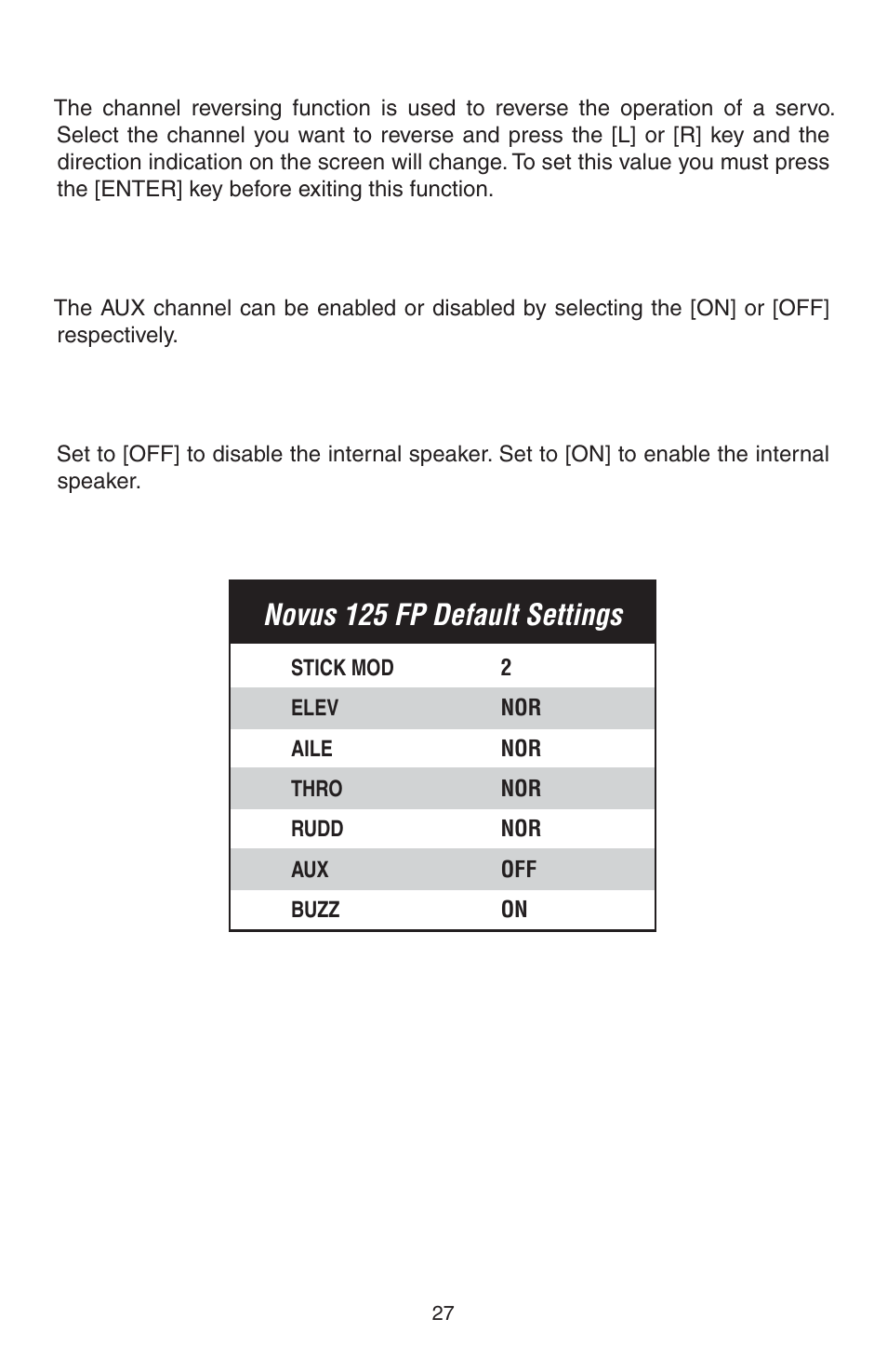 Channel reversing, Aux channel, Buzzer setting | Novus 125 fp default settings | Heli-Max HMXE0807 User Manual | Page 27 / 32
