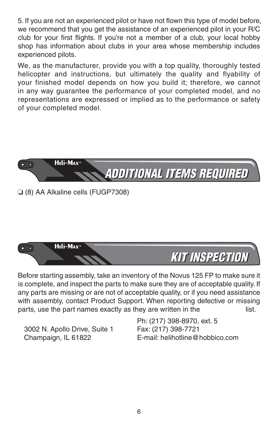 Additional items required, Kit inspection | Heli-Max HMXE0807 User Manual | Page 6 / 32