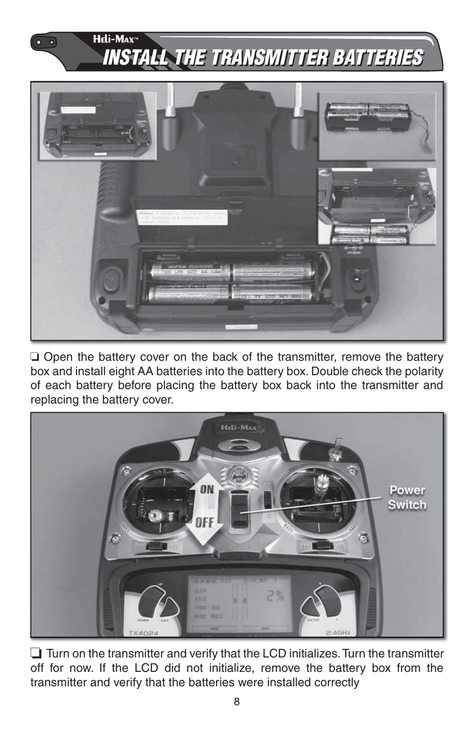 Install the transmitter batteries | Heli-Max HMXE0807 User Manual | Page 8 / 32
