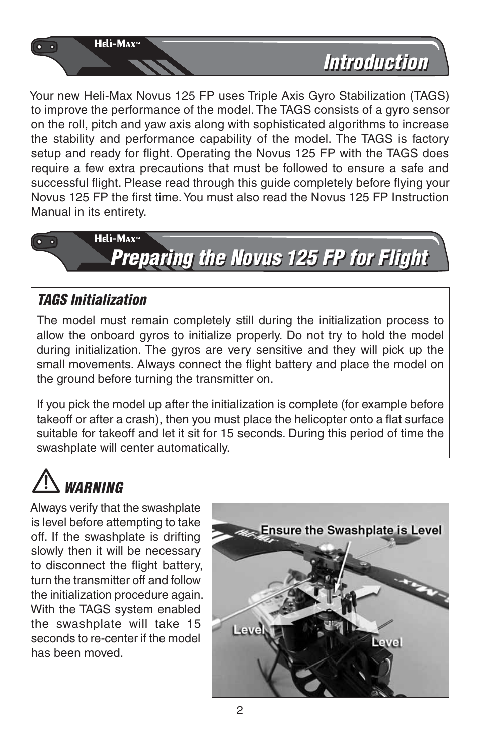 Introduction, Preparing the novus 125 fp for flight | Heli-Max HMXE0807 Addendum User Manual | Page 2 / 4