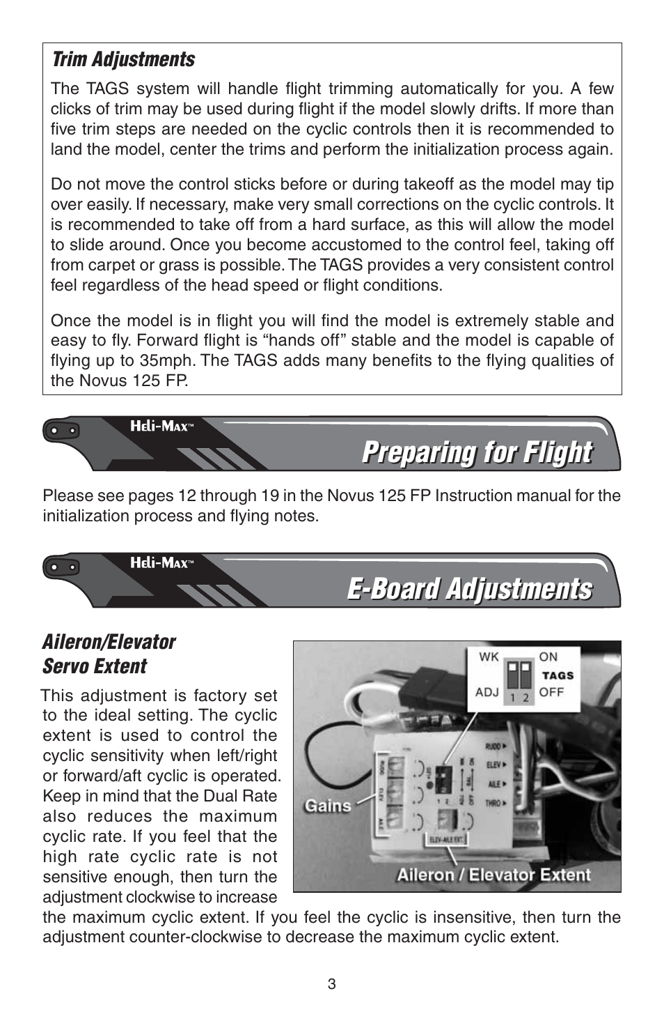 Preparing for flight, E-board adjustments | Heli-Max HMXE0807 Addendum User Manual | Page 3 / 4