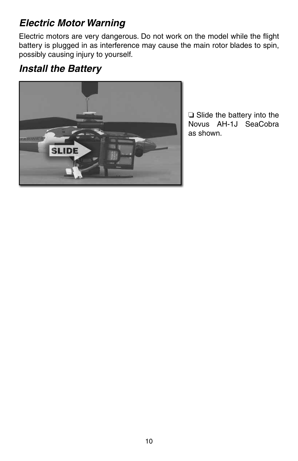 Electric motor warning, Install the battery | Heli-Max HMXE0805 Manual User Manual | Page 10 / 24