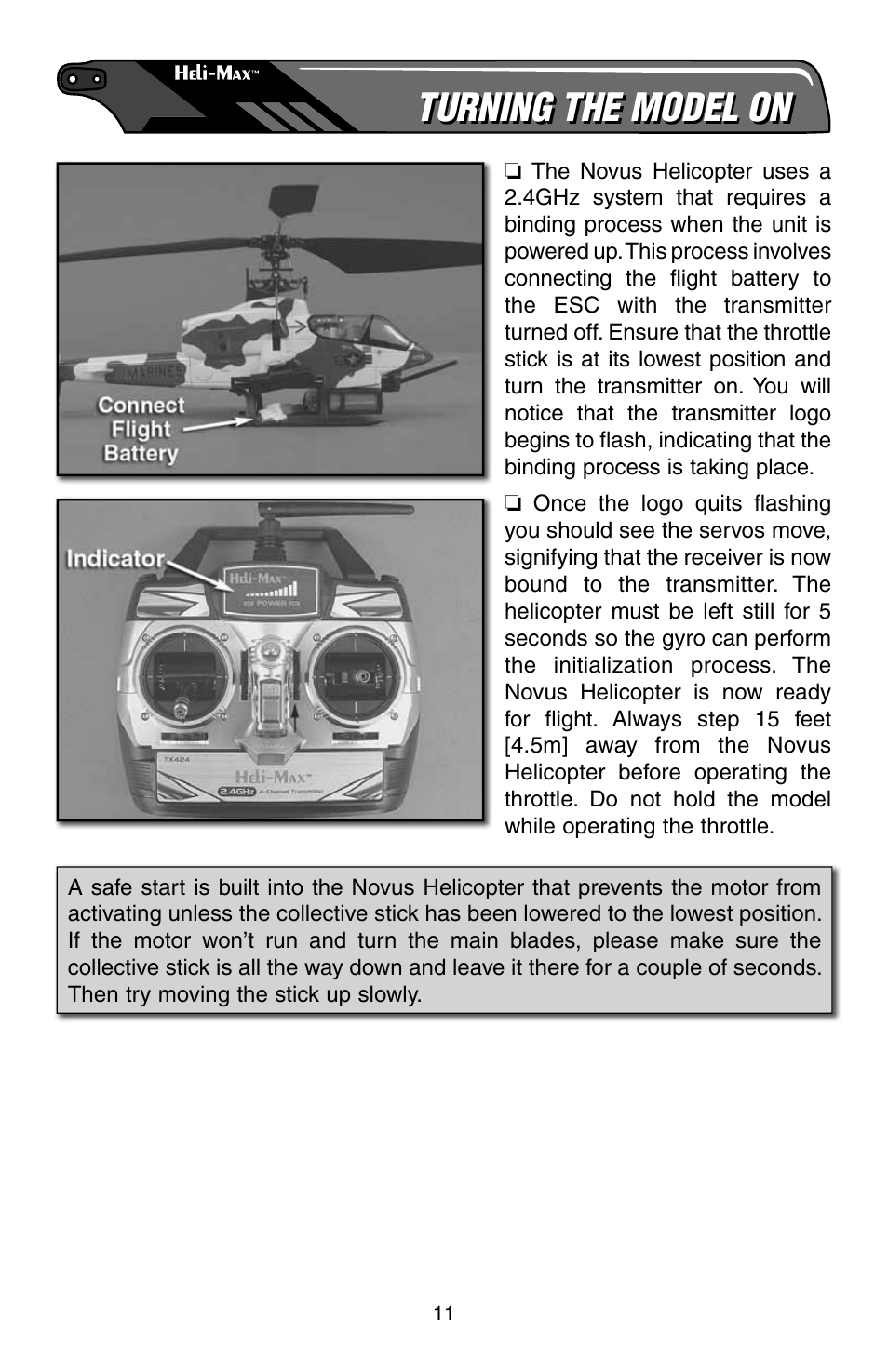Turning the model on | Heli-Max HMXE0805 Manual User Manual | Page 11 / 24