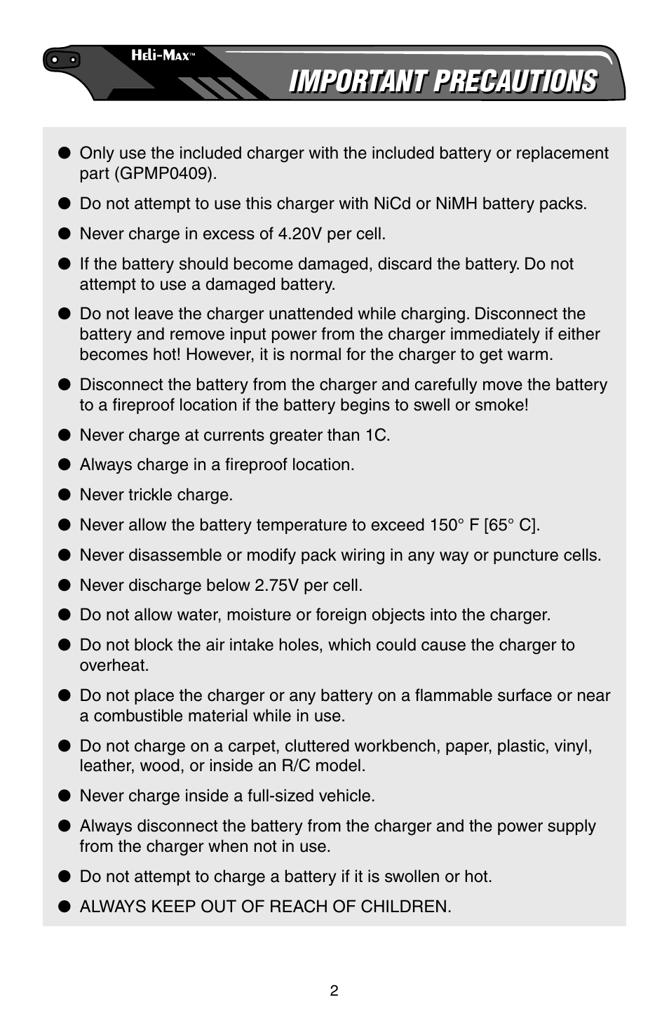 Important precautions | Heli-Max HMXE0805 Manual User Manual | Page 2 / 24