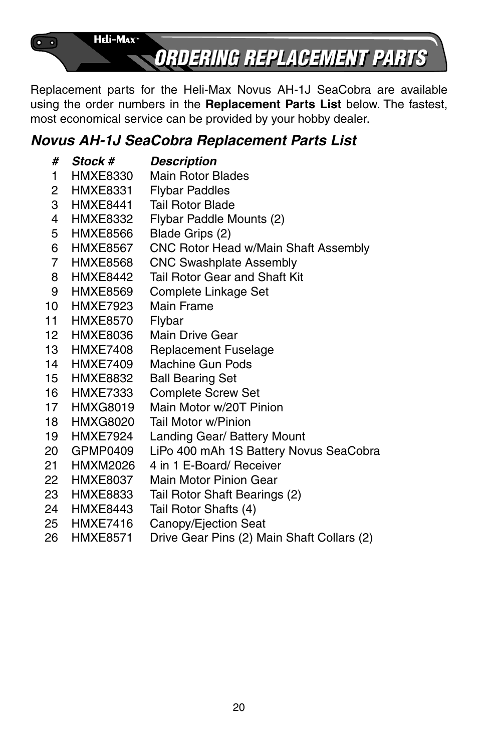 Ordering replacement parts, Novus ah-1j seacobra replacement parts list | Heli-Max HMXE0805 Manual User Manual | Page 20 / 24