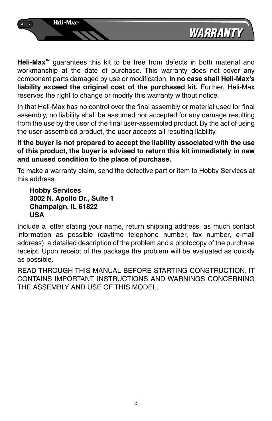 Warranty | Heli-Max HMXE0805 Manual User Manual | Page 3 / 24