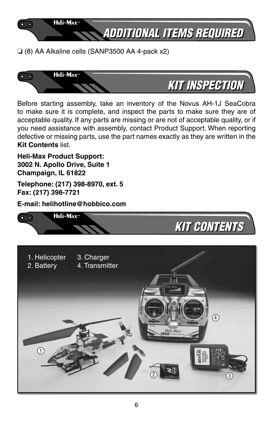 Additional items required, Kit inspection, Kit contents | Heli-Max HMXE0805 Manual User Manual | Page 6 / 24