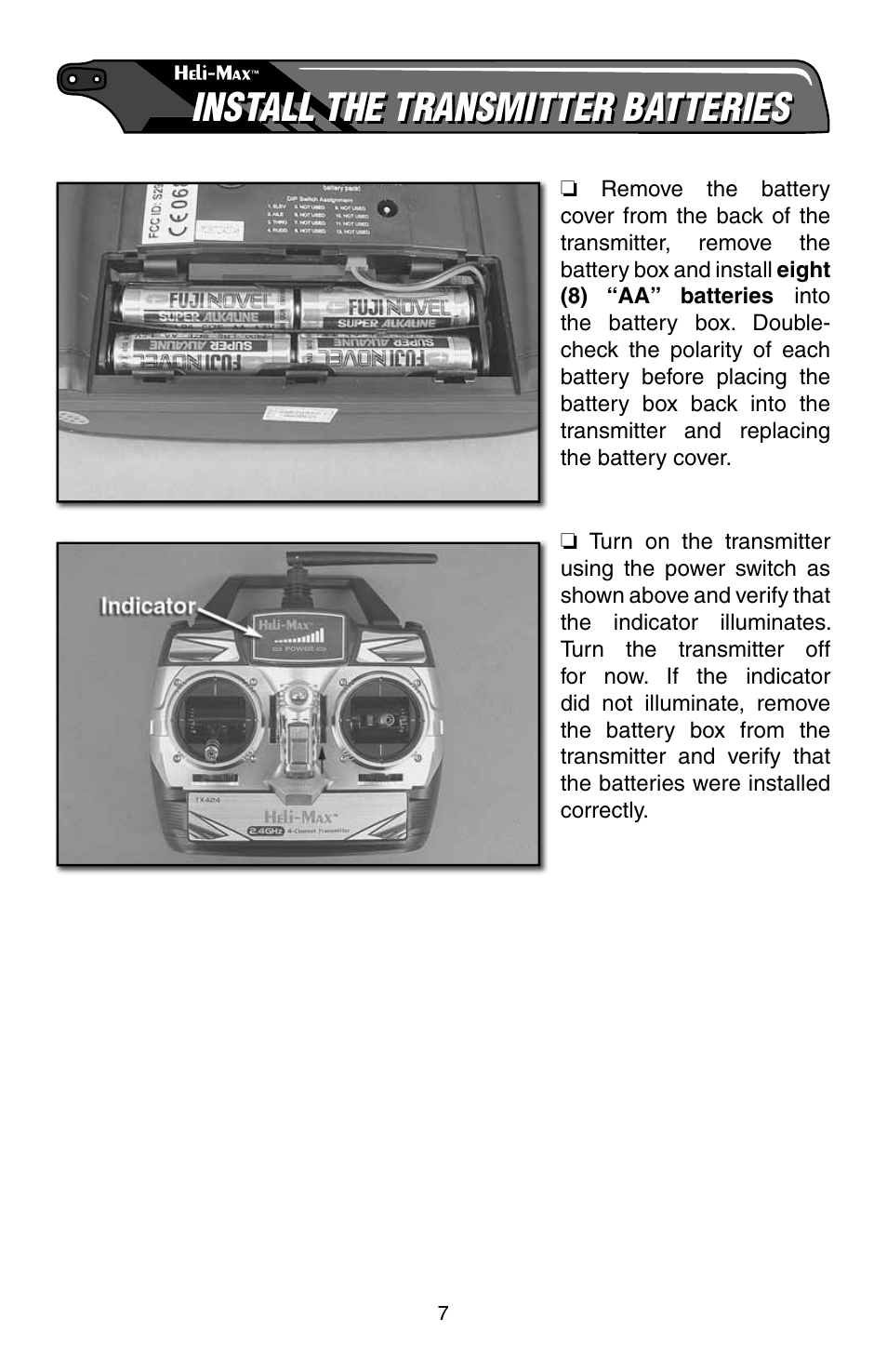 Install the transmitter batteries | Heli-Max HMXE0805 Manual User Manual | Page 7 / 24