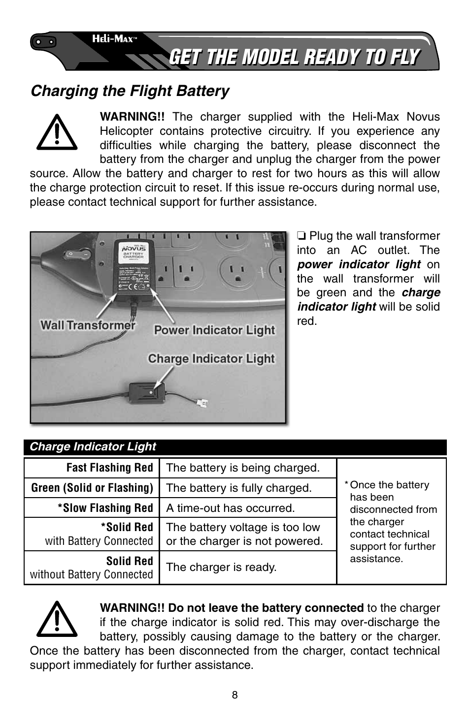 Get the model ready to fly, Charging the flight battery | Heli-Max HMXE0805 Manual User Manual | Page 8 / 24