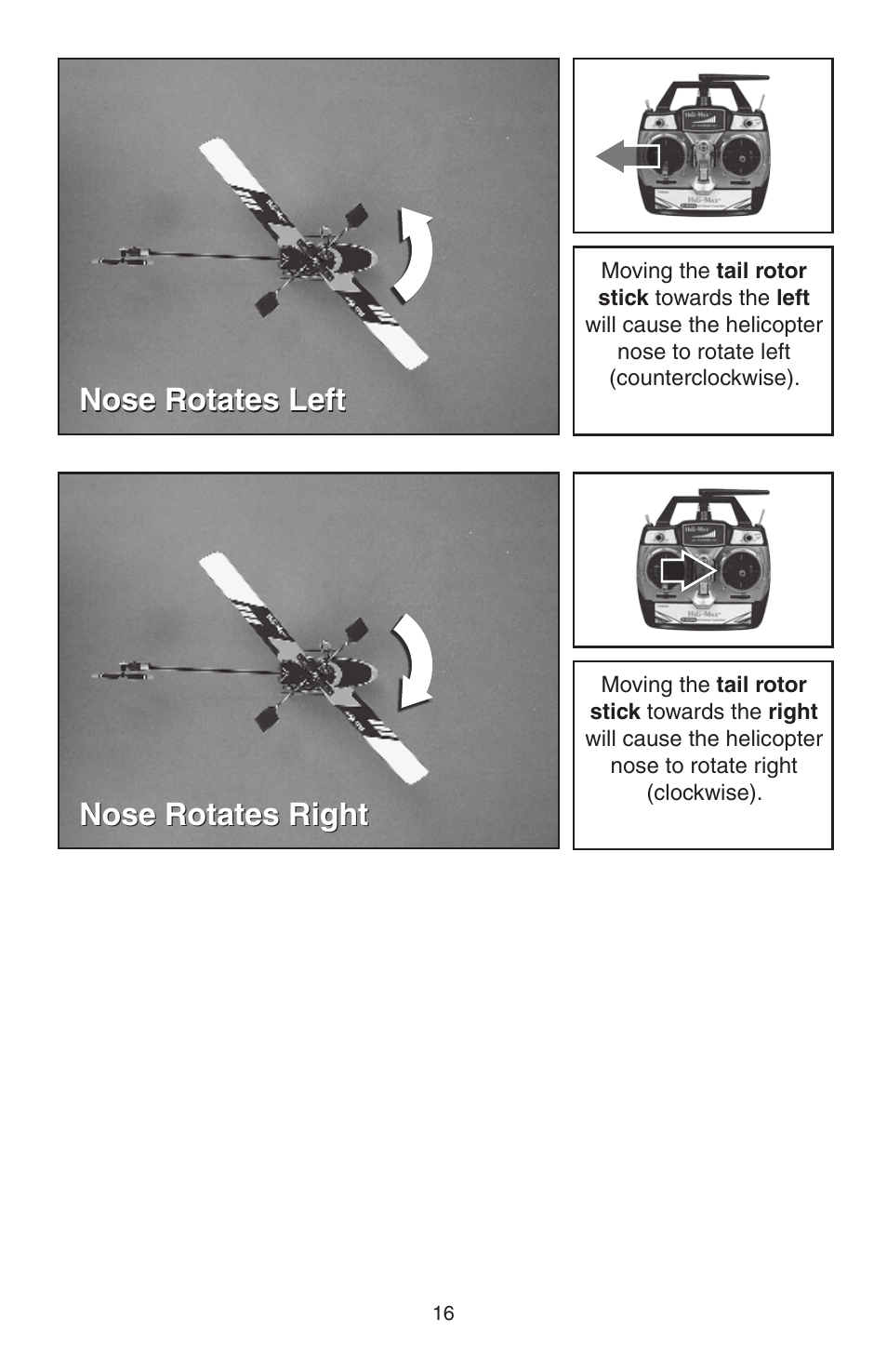 Nose rotates left, Nose rotates right | Heli-Max HMXE0804 User Manual | Page 16 / 32