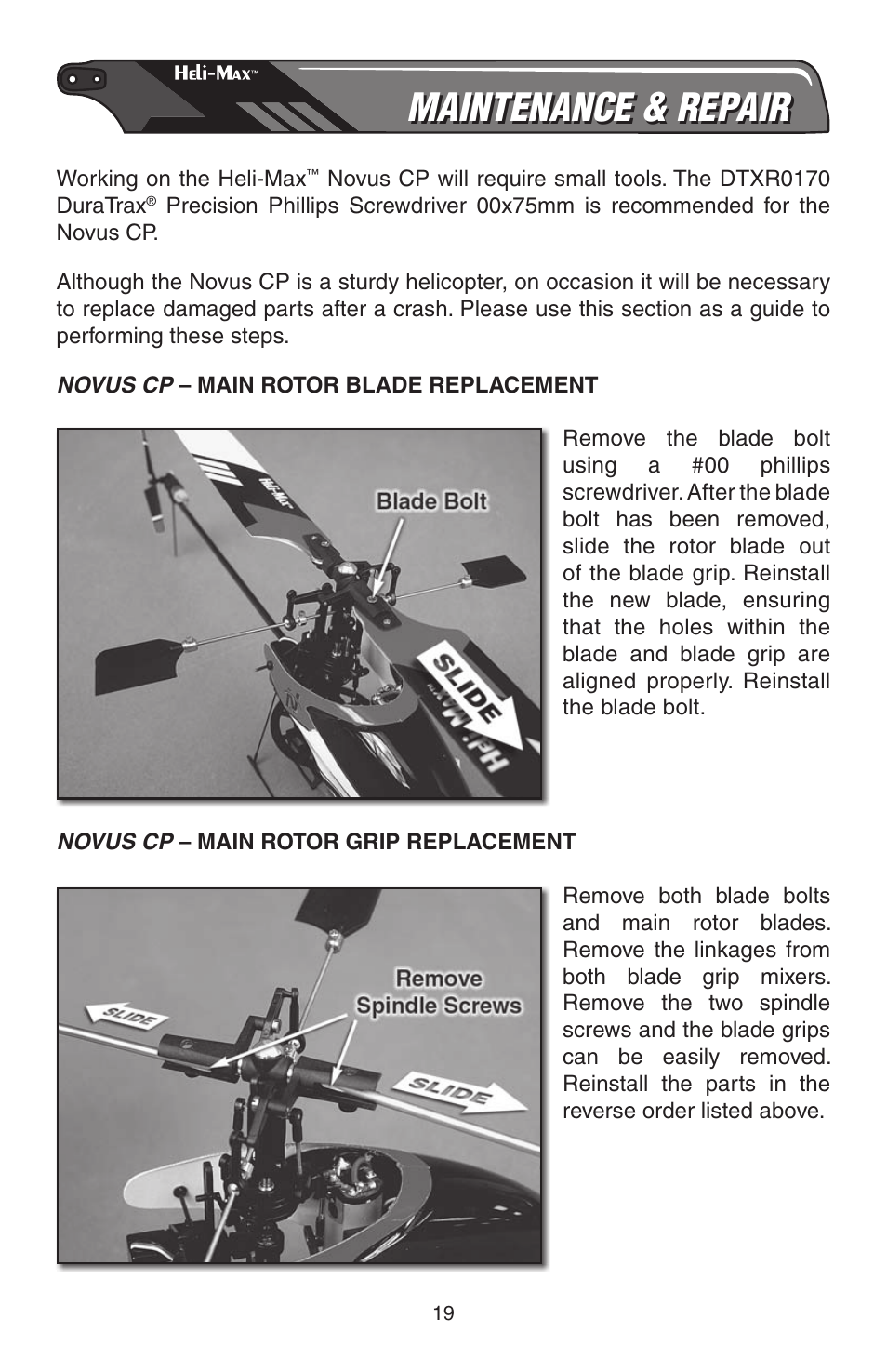 Maintenance & repair | Heli-Max HMXE0804 User Manual | Page 19 / 32