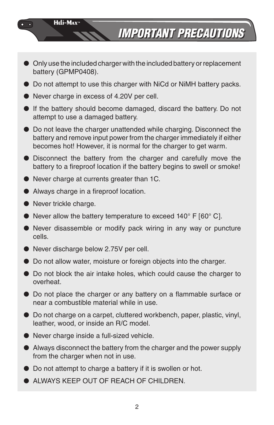 Important precautions | Heli-Max HMXE0804 User Manual | Page 2 / 32